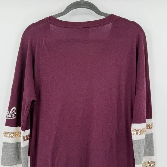 PINK Victoria's Secret Sequins V‎ Neck Long Sleeve Sweatshirt Burgundy XS - Picture 14 of 16